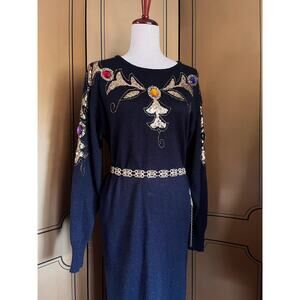 Vintage sweater dress in black with faux jewels and sequins, size S